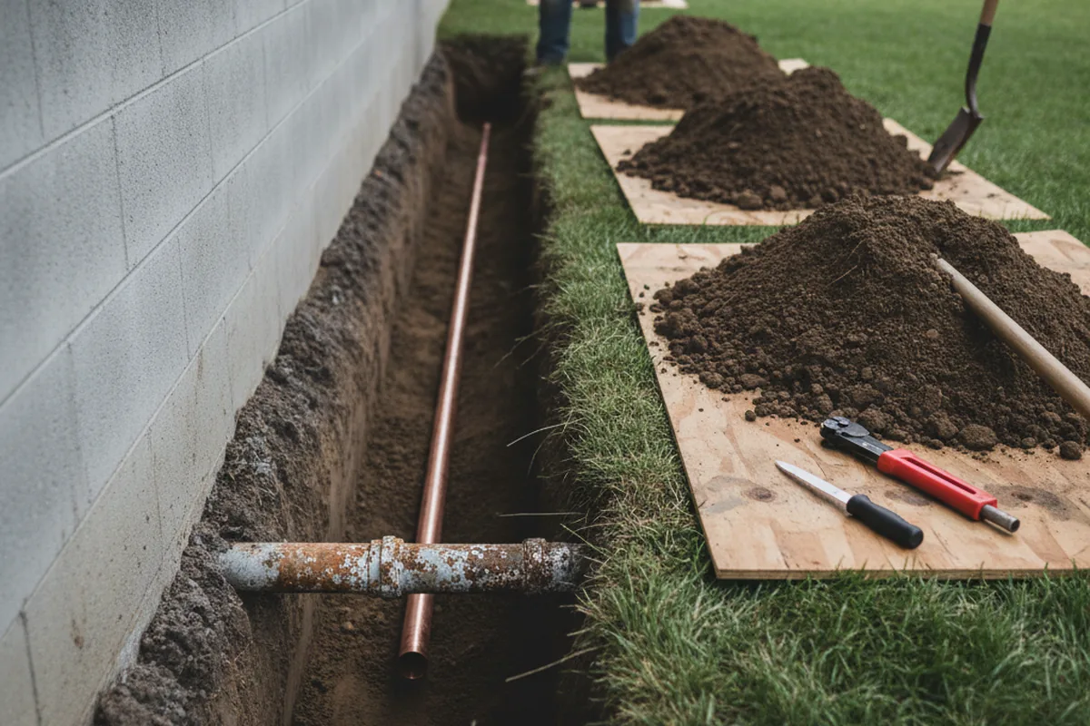 Excavated water line trench during Water Softener Installation in Saint Anne